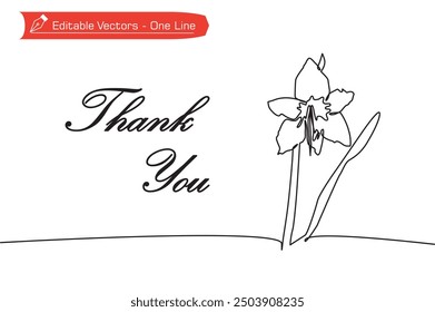 One continuous line drawing of blooming amaryllis flower for Thank You card background. Vector illustration of one line amaryllis flower and thank you letter on botanical theme for greeting card.