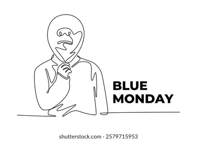One continuous line drawing of blue Monday concept. Doodle vector illustration in simple linear style.	
