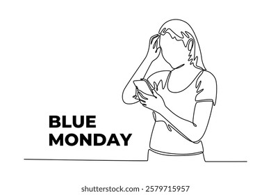 One continuous line drawing of blue Monday concept. Doodle vector illustration in simple linear style.	