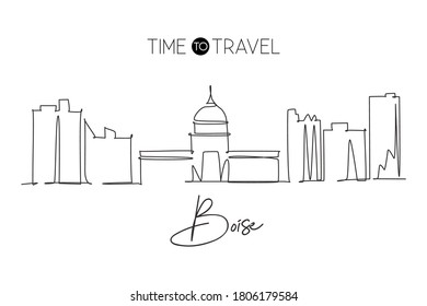 One continuous line drawing of Boise city skyline, Idaho. World beautiful landscape tourism and travel vacation for wall decor print. Stylish single line draw graphic design vector illustration