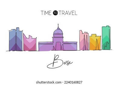 One continuous line drawing of Boise city skyline, Idaho. World beautiful landscape tourism and travel vacation for wall decor print. Stylish single line draw graphic design vector illustration