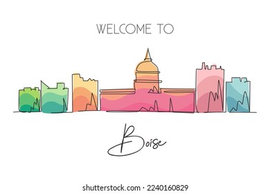 One continuous line drawing of Boise city skyline, Idaho. World beautiful landscape tourism and travel vacation for wall decor print. Stylish single line draw graphic design vector illustration