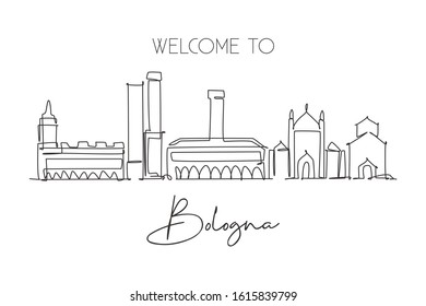 One continuous line drawing of Bologna city skyline, Italy. Beautiful skyscraper. World landscape tourism travel vacation wall decor print concept. Stylish single line draw design vector illustration