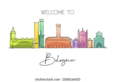 One continuous line drawing of Bologna city skyline, Italy. Beautiful skyscraper. World landscape tourism travel vacation wall decor print concept. Stylish single line draw design vector illustration