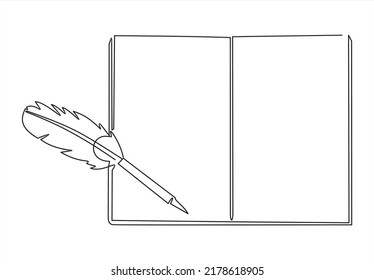 One continuous line drawing of book, and quill pen on the office desk. Vintage writing equipment concept single line draw design vector illustration