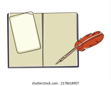 One continuous line drawing of book, and quill pen on the office desk. Vintage writing equipment concept single line draw design vector illustration