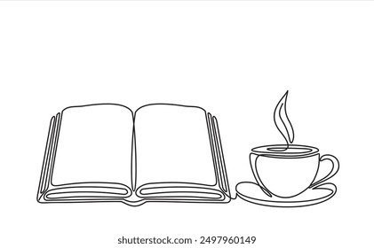 One continuous line drawing of book and a cup of coffee. Study space desk concept. Single line draw design vector illustration