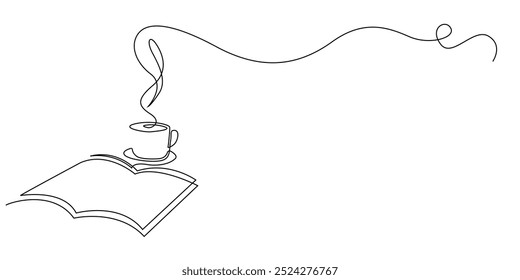 one continuous line drawing of a book and a cup of coffee.single line of an open book with a cup of distinctive aromatic coffee.one line vector illustration.isolated white background