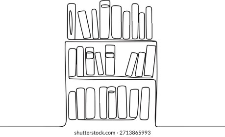 One Continuous Line Drawing of a Bookshelf Full of Books. one line Icon drawing with white background
