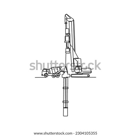 One continuous line drawing of bore pile machine in the site project . Construction Project design concept with simple linear style. Construction Project vector design illustration concept.