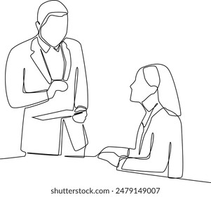 One continuous line drawing of a boss explains the company's business concept to an employee. Business training concept. Trendy single line draw