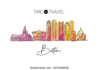 One Continuous Line Drawing Of Boston City Skyline, USA. Beautiful Landmark. World Landscape Tourism Travel Vacation Poster Print. Editable Stylish Stroke Single Line Draw Design Vector Illustration