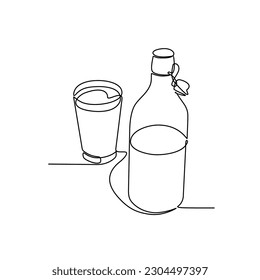 Un dibujo continuo de la línea del frasco y el vidrio con la leche contenida. bebida en un estilo lineal simple. ilustración vectorial del concepto de diseño de bebidas