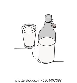 One continuous line drawing of bottle and glass with milk containt. beverage in simple linear style. beverage design concept vector illustration