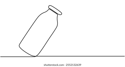 One continuous line drawing of bottle and glass with milk containt. beverage in simple linear style. beverage design concept vector illustration, Pitcher for milk line continuous drawing vector.