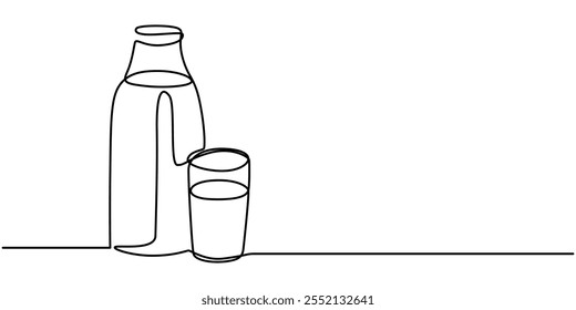 One continuous line drawing of bottle and glass with milk containt. beverage in simple linear style. beverage design concept vector illustration, Pitcher for milk line continuous drawing vector.