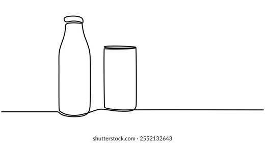 One continuous line drawing of bottle and glass with milk containt. beverage in simple linear style. beverage design concept vector illustration, Pitcher for milk line continuous drawing vector.