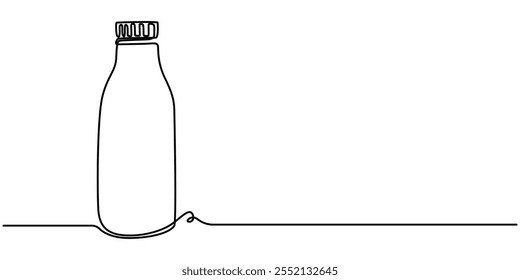 One continuous line drawing of bottle and glass with milk containt. beverage in simple linear style. beverage design concept vector illustration, Pitcher for milk line continuous drawing vector.