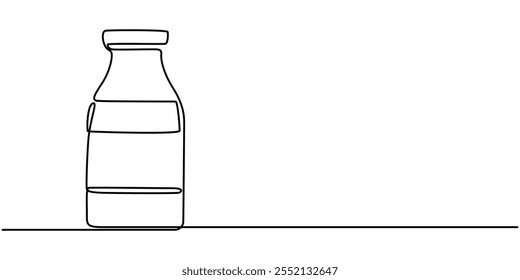 One continuous line drawing of bottle and glass with milk containt. beverage in simple linear style. beverage design concept vector illustration, Pitcher for milk line continuous drawing vector.