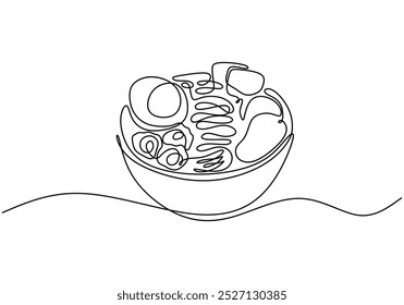One continuous line drawing of a bowl of ramen. Minimalist design for noodles and dining themes. Simplified hand-drawn illustration for culinary enjoyment.