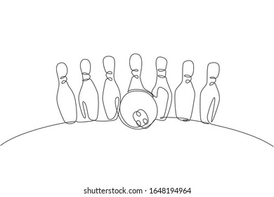 One continuous line drawing of bowling pins lined up at bowling lane. Healthy sport logo, icon and symbol concept. Dynamic single line draw design graphic vector illustration