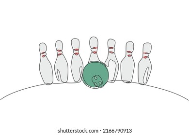One continuous line drawing of bowling pins lined up at bowling lane. Healthy sport logo, icon and symbol concept. Dynamic single line draw design graphic vector illustration