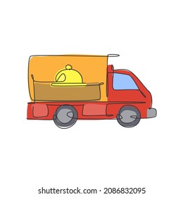 One continuous line drawing of box car with tray cover cloche for food delivery service logo emblem. Fast food cafe shop logotype template concept. Modern single line draw design vector illustration