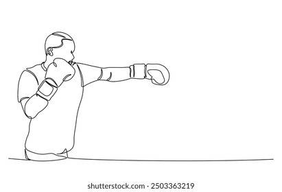 One continuous line drawing boxing player - men. A male athlete boxer single line illustration.