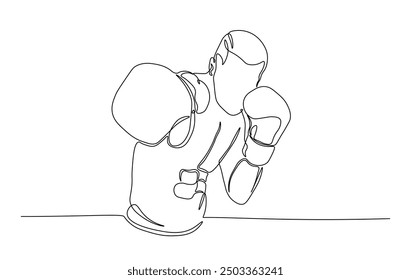 One continuous line drawing boxing player - men. A male athlete boxer single line illustration.