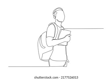 One continuous line drawing of boy student standing with backpack on his back and hold book in his hand. Back to school concept. Single line draw design vector graphic illustration. - Shutterstock ID 2177526013
