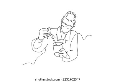 One continuous line drawing boy added chemicals for research 
scientist concept  Single line draw design vector graphic illustration  Laboratory 