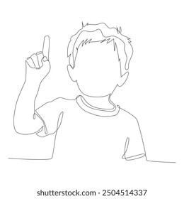 One continuous line drawing of boy student raising his arm to answer teacher's question during class.