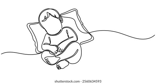 one continuous line drawing of a boy sleeping on a cloud.one line drawing of a boy sleeping soundly.single line vector illustration.isolated white background, Newborn baby sleep, one art line pro. 