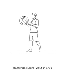 One continuous line drawing of Boy playing ball at the beach vector design illustration. Summer holiday themes design in simple linear continuous style vector concept. Suitable for education design.