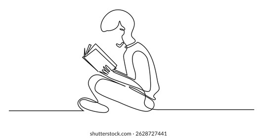 eine durchgehende Linie Zeichnung eines Jungen ernsthaft ein Buch lesen und auf dem Boden sitzen.eine Linie Zeichnung eines Kindes zu Hause studieren.geeignet für Bildung, Wissen Zeichnungselemente