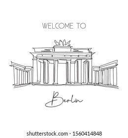 One continuous line drawing Brandenburg Gate landmark. World iconic place in Berlin, Germany. Holiday vacation wall decor art poster print concept. Modern single line draw design vector illustration