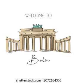 Una línea continua que dibuja el hito de la Puerta de Brandenburgo. Lugar icónico mundial en Berlín, Alemania. Diseño artístico de la decoración de las paredes de vacaciones. Ilustración vectorial de diseño de trazos de línea única moderna