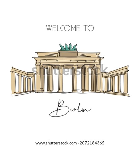 One continuous line drawing Brandenburg Gate landmark. World iconic place in Berlin, Germany. Holiday vacation wall decor art poster print concept. Modern single line draw design vector illustration