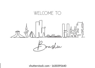 One continuous line drawing of Brasilia city skyline, Brazil. Beautiful landmark. World landscape tourism travel vacation postcard. Editable stylish stroke single line draw design vector illustration