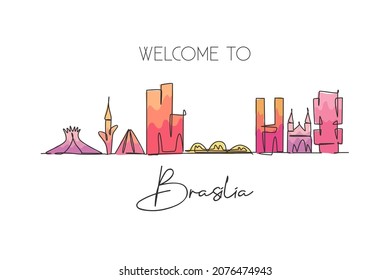One continuous line drawing of Brasilia city skyline, Brazil. Beautiful landmark. World landscape tourism travel vacation postcard. Editable stylish stroke single line draw design vector illustration