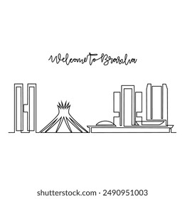 One continuous line drawing of Brasilia skyline vector illustration. Modern city in South America in simple linear style vector design concept. Big city in Brazil. Iconic architectural building