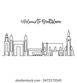 Eine durchgehende Linienzeichnung von Bratislava. Skyline Vektorillustration. Moderne Stadt in Europa im schlichten linearen Stil Vektorgrafik Design Konzept. Eine große Stadt in der Slowakei Icon architektonische Gebäude Design.