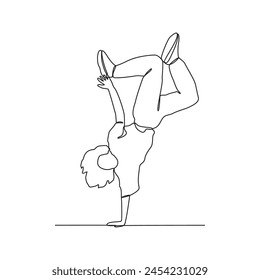 One continuous line drawing of a breakdancing people vector design illustration. Breakdancing consists of four main elements : Toprock, Downrock, Power moves and Freezes. Breakdancing design concept.