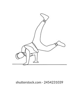 One continuous line drawing of a breakdancing people vector design illustration. Breakdancing consists of four main elements : Toprock, Downrock, Power moves and Freezes. Breakdancing design concept.