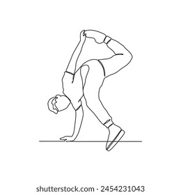 One continuous line drawing of a breakdancing people vector design illustration. Breakdancing consists of four main elements : Toprock, Downrock, Power moves and Freezes. Breakdancing design concept.