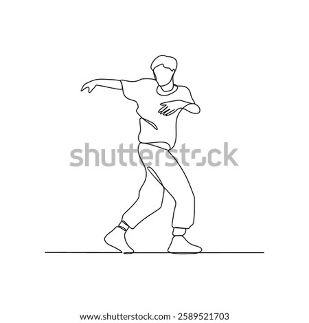 One continuous line drawing of a breakdancing people vector design illustration. Breakdancing Activity of four main elements : Toprock, Downrock, Power moves and Freezes. Breakdancing design asset.