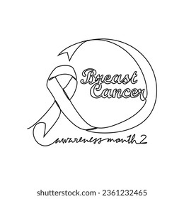 One continuous line drawing of breast cancer awareness month with white background. medical design concept in simple linear style. Awareness ribbon design concept vector illustration.
