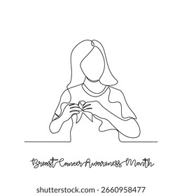One continuous line drawing of Breast Cancer Awareness Month vector illustration. Breast Cancer Awareness Month themes design concept in simple linear continuous line. Great design for healthcare.