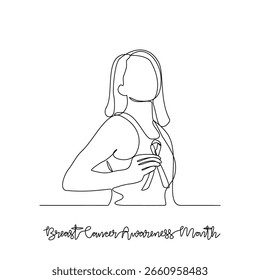 One continuous line drawing of Breast Cancer Awareness Month vector illustration. Breast Cancer Awareness Month themes design concept in simple linear continuous line. Great design for healthcare.