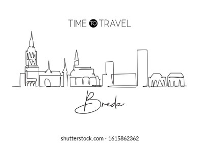 One continuous line drawing of Breda city skyline, Netherlands. Beautiful skyscraper. World landscape tourism travel vacation home wall decor poster print. Single line draw design vector illustration